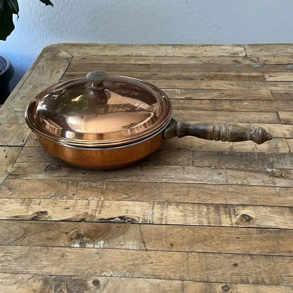 Vintage Copper Saute Pan Skillet with Lid Wood Handle